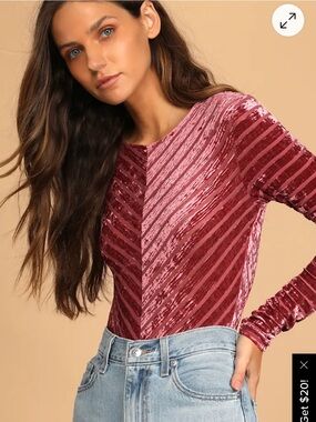 Lulu's Two-Tone Rose Velvet Stripe Long-Sleeve Bodysuit Size XS